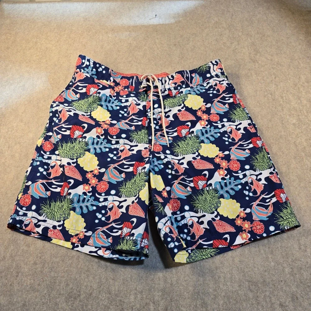 Nautica Mens Swim Trunks Large Navy Blue‎ Coral Fish Aquatic Print Board Shorts